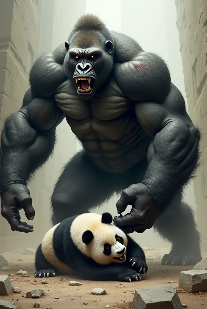 I want one of the big gorilla, with lots of muscles and scars, stepping on a small panda&#39;s head and the gorilla becomes more threatening and less like an ai

