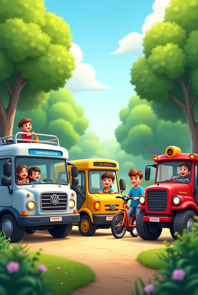 1 bus, 1 car, 1 tractor, 1 bicycle, with smiling children, next to each other in the park.