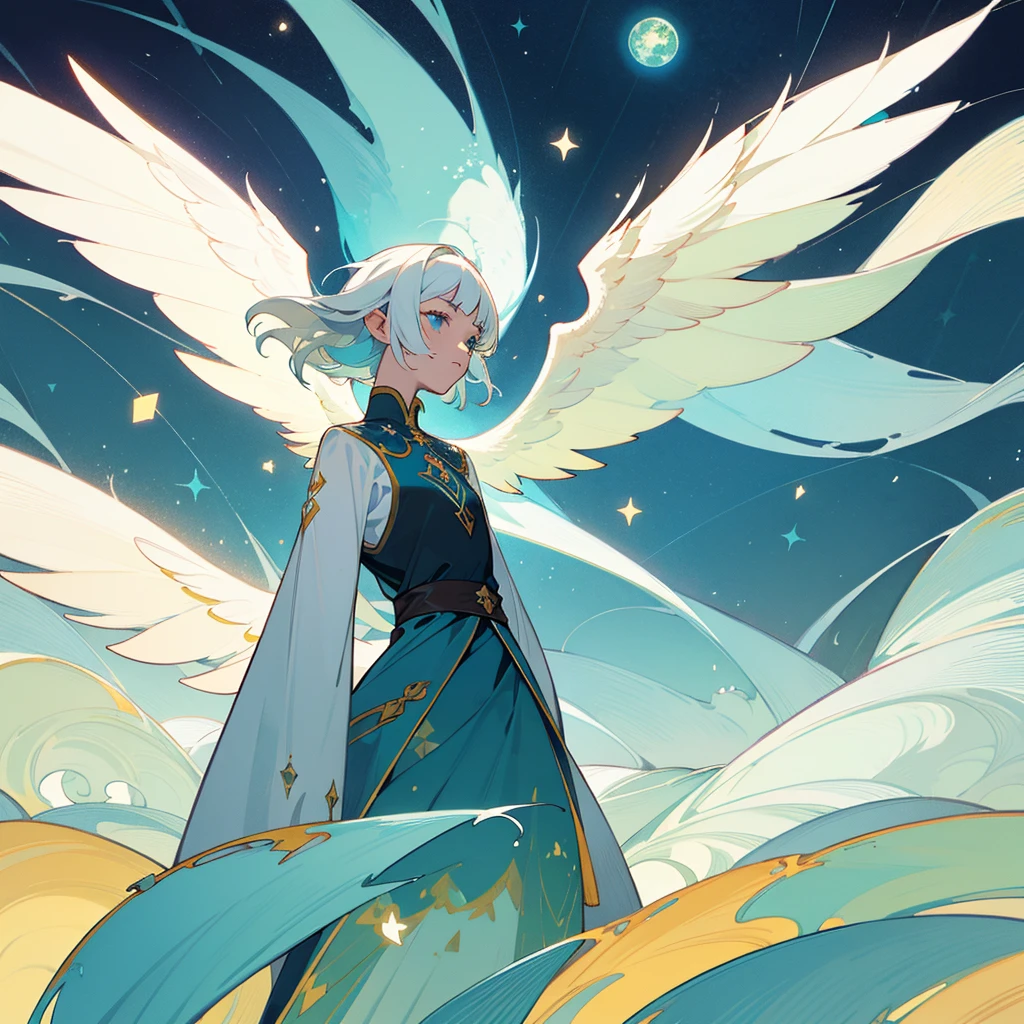 Divine creature man alone with black skin and white hair, short bangs medium back hair. Bright sky blue eyes. Green branches with elongated leaves. Long, wavy tail of dark blue with green sparkles resembling a starry night sky, a large pair of wings on the back, a pair of small wings behind the ears. mystical atmosphere, delicate brushwork, magical scenery, Peaceful and serene. Astral Witch Outfit, fashion RPG outfit, detailed clothing. (best qualityer, high resolution, ultra detali).