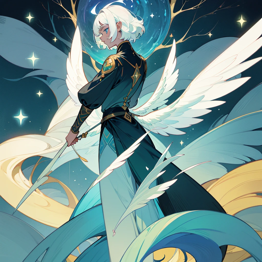 Divine creature man alone with black skin and white hair, short bangs medium back hair. Bright sky blue eyes. Green branches with elongated leaves. Long, wavy tail of dark blue with green sparkles resembling a starry night sky, a large pair of wings on the back, a pair of small wings behind the ears. mystical atmosphere, delicate brushwork, magical scenery, Peaceful and serene. Astral Witch Outfit, fashion RPG outfit, detailed clothing. (best qualityer, high resolution, ultra detali).