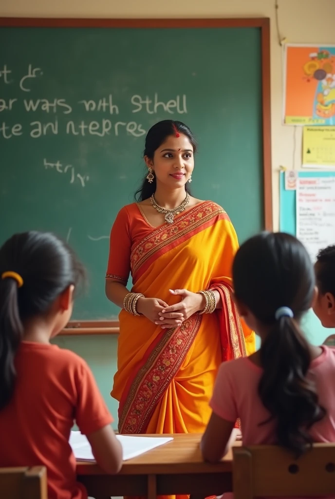 Make me an image of a lady in Indian cultural costume teaching maths to kids in an Indian school