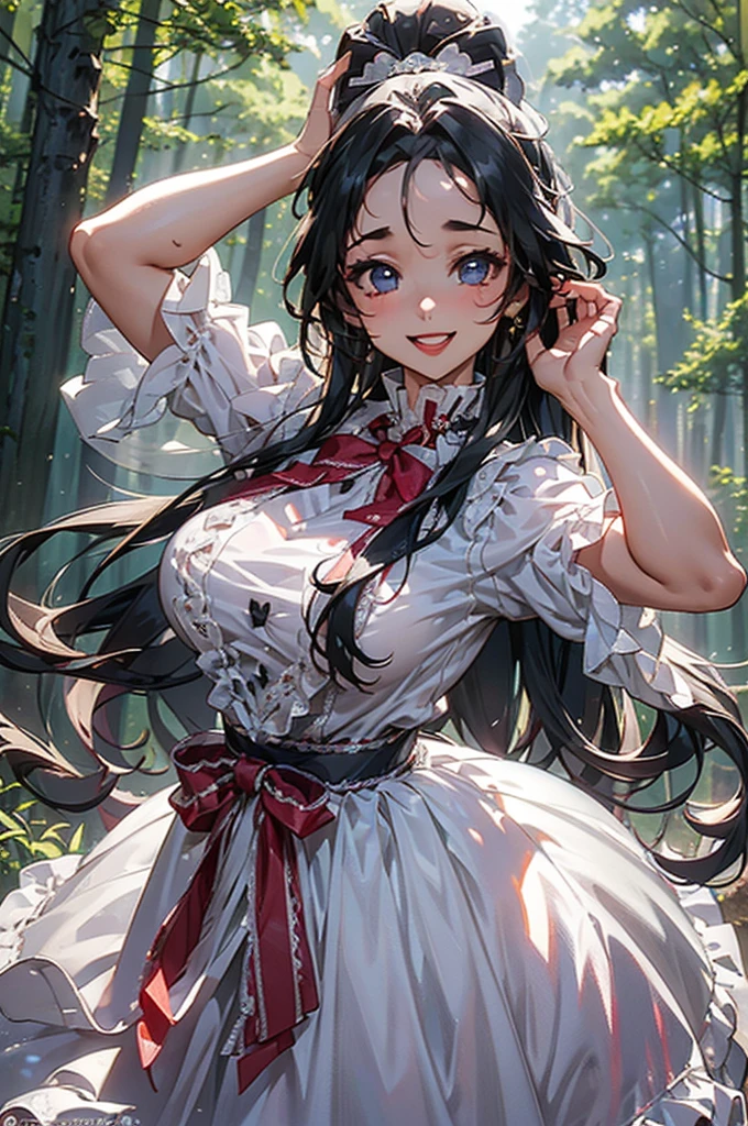 ((((High resolution, Intricate details, masterpiece, 8k, from front)))), (((beautiful, Frills, Hata, lace, Long skirt))), ((One Woman, smile, laughing, Red cheeks, dancing, Big Breasts, Large Breasts, Huge Saggy Tits)), (Black Hair, Beautiful forehead, Long Hair, ponytail, Glowing Skin), from front, looking at viewer, look at viewer, in the forest, bright,