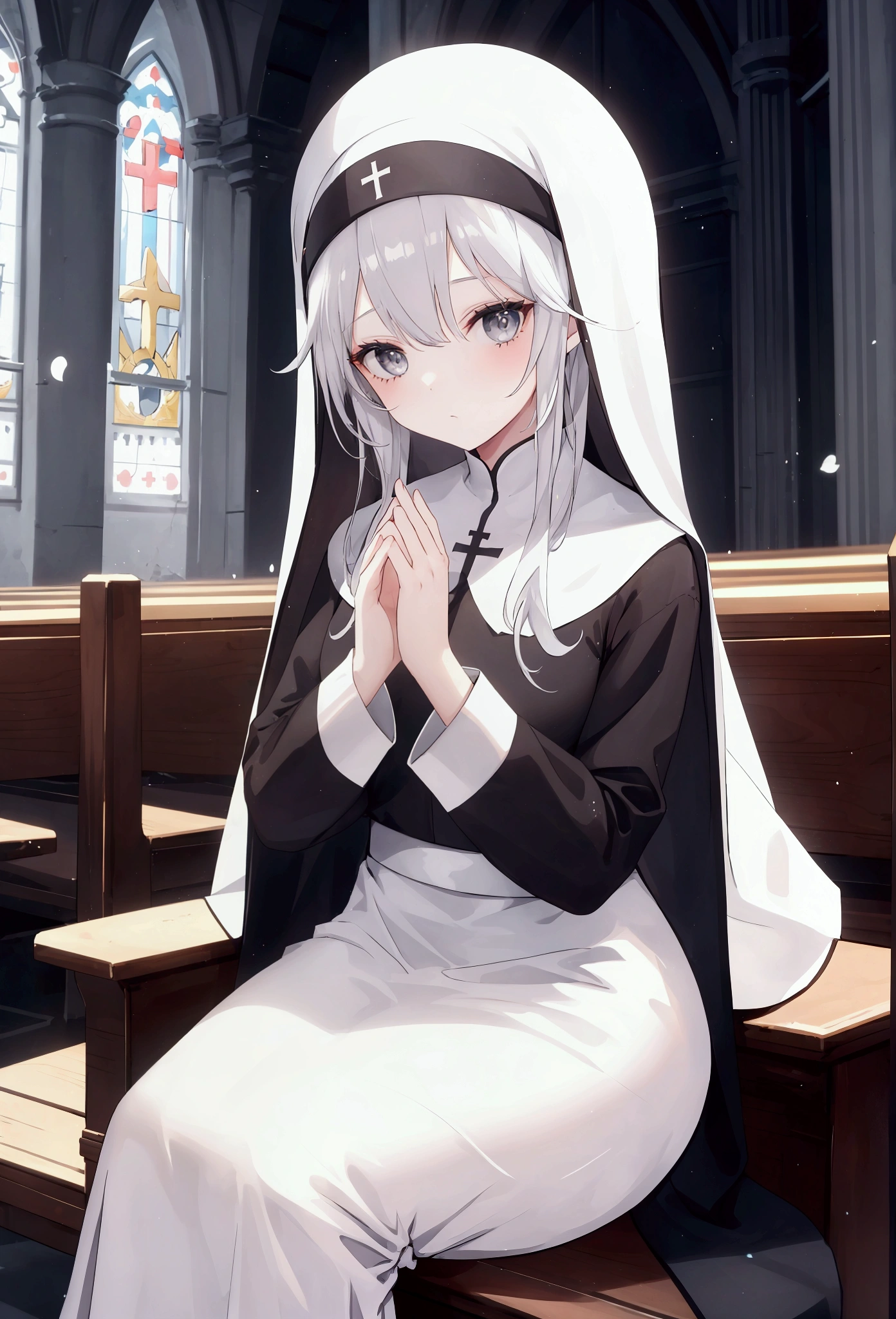 1 girl, solo, in church, nun headwear, nun, long white hair, grey eyes, hands pressed together, sitting