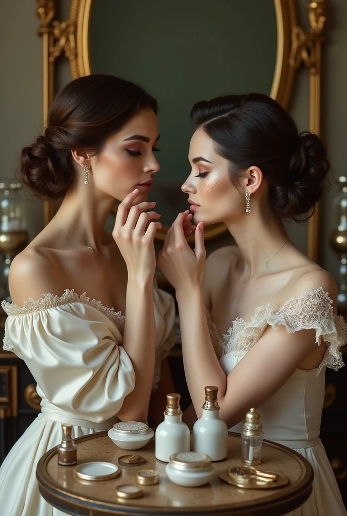 despite these dangers, the desire for beauty ( create an image where women are using lead makeup. Highlight lead makeup )