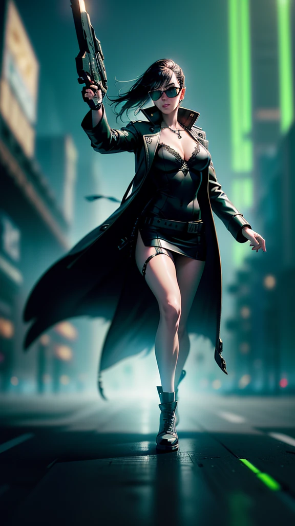 cyberpunk-style city with a nocturnal vibe with Matrix-like aesthetic references, glowing huge clock tower as time machine, green glowing cascading code. At night, (1girl, solo, alone), photorealistic, medium-breast slim:0.6 body, oval:0.5 face, cleavage:1.1, sexy black laced bra, miniskirt, white laced panty, coat, (black micro sunglasses), (holding a short gun), (slightly leaning forward running pose), ((half-body thigh level medium shot)), cinematic lighting, ray tracing, motion blurred background.