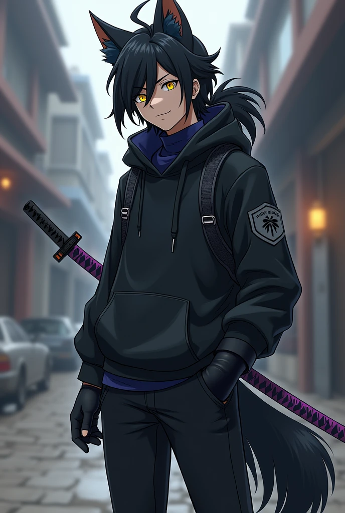 A male Sonic-style wolf-like teenage character with long, short black hair, with hair covering a little on the right side of the eye and with a slightly large ponytail, with big yellow eyes, with thick black sweatshirt with dark blue turtleneck shirt, black pants and black men's boots, with black gloves, and with 1 purple sheathed Katana on the back.