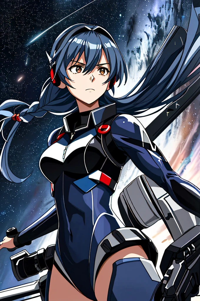 Highest quality,(Kantai Collection),(smug face),anger_expression(Starry Sky_background),Young Girl,Braid_hair型, 4K,alone, whole body,bridge,Headphones and microphone on head,Big rocket thruster on its back,Ninja,(dark blue_leotard),black_pupil,Holding a machine gun,dark blue_hair, Hyper Detail