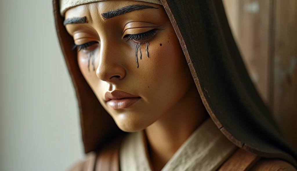 Create a realistic wooden statue of Sister Sasagawa, with a detailed and expressive style. The statue should depict Sister Sasagawa with an expression of deep emotion and sadness, with tears visible in her closed eyes. The robe and details of the garment should be precisely carved, showing the texture of the marble. The background should be neutral and understated to highlight the statue, with soft lighting that highlights the facial details and tears. The scene should convey a sense of reverence and emotional impact."