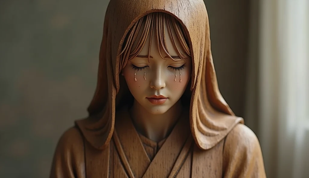 Create a realistic wooden statue of Sister Sasagawa, with a detailed and expressive style. The statue should depict Sister Sasagawa with an expression of deep emotion and sadness, with tears visible in her closed eyes. The robe and details of the garment should be precisely carved, showing the texture of the marble. The background should be neutral and understated to highlight the statue, with soft lighting that highlights the facial details and tears. The scene should convey a sense of reverence and emotional impact."
