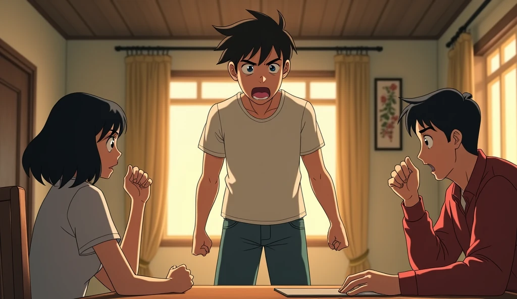 A scene inspired by Studio Ghibli films, depicting a tense moment between a young adult son and his parents. The young man, in his early 20s with a normal build, stands at the center of the room, his face flushed with anger, eyebrows furrowed, and fists clenched. He is shouting, his frustration and fury palpable. His parents, sitting across from him, are stunned, their expressions filled with disbelief. The father is quiet, raising a hand slightly as if trying to calm his son, while the mother looks heartbroken, one hand covering her mouth in shock. The scene is set in a warm, softly lit room with detailed, whimsical background elements typical of Studio Ghibli, adding a gentle contrast to the intense emotions of the characters. Focus on capturing the raw emotion and tension in this moment, with the young man’s anger as the central element, while the parents remain passive and shocked.