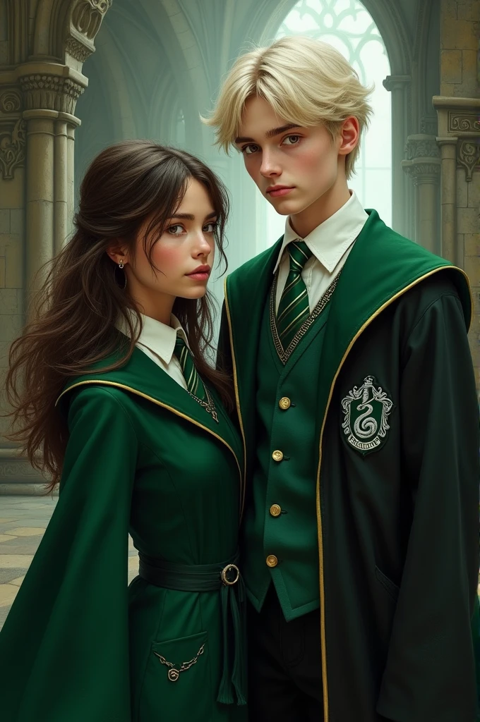 Draco Malfoy as a with a brunette dressed in a Slytherin uniform