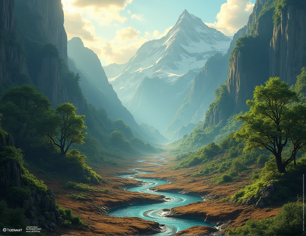 A majestic landscape with towering mountains and lush forests, where the ground begins to shift and rise in slow, rhythmic waves. The earth cracks open, revealing glowing crystals and ancient roots intertwined, as they dance together in a harmonious flow. The scene is rich in deep greens and browns, with the sky gently touching the peaks of the mountains.