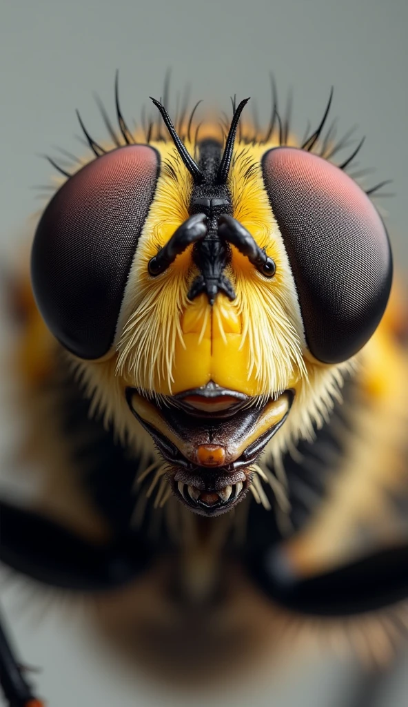 Macro view detail on fly, realistic photo, sharp jaws and a smile,high detail