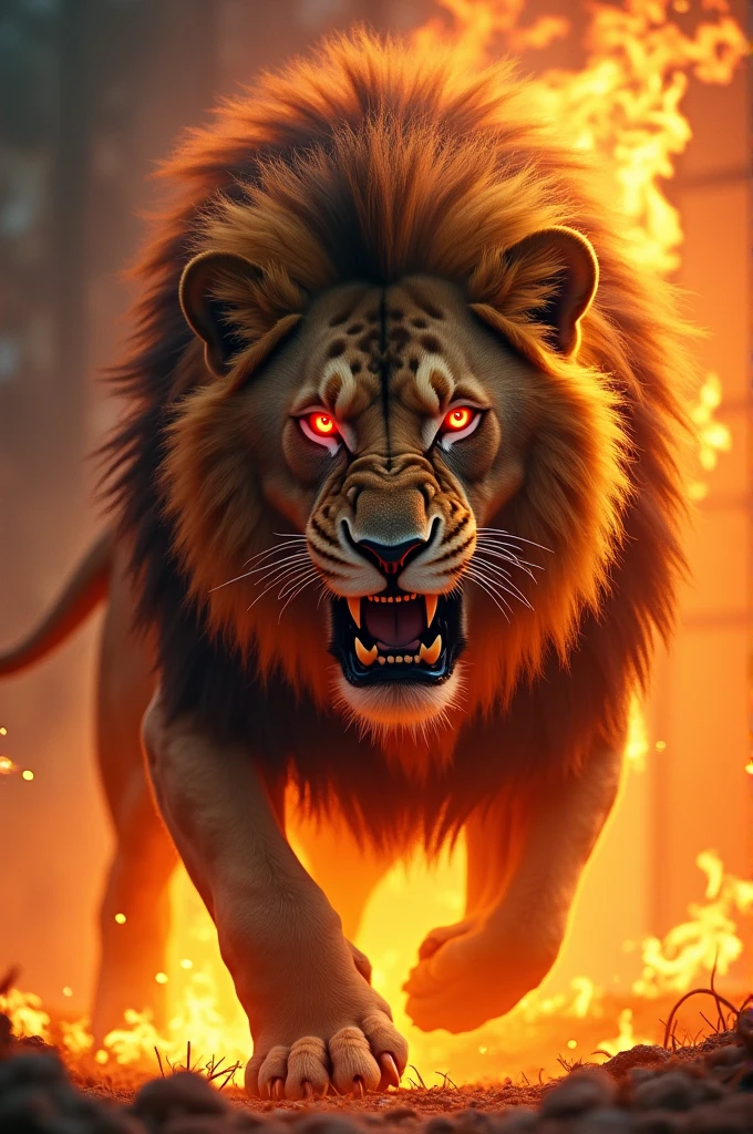 A lion with red angry eyes and lion in angry mode lion ka face seedha hona chahiye or lion ke chaaro or fire honi chahiye