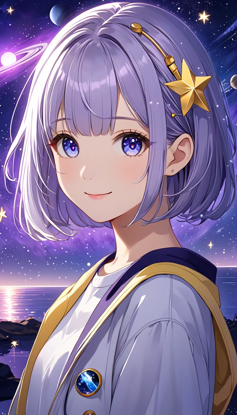 standing in front of a lake with a space theme, primarily in purple and white colors. The background should feature glowing stars, constellations, and comets scattered across the sky. Include a large, ringed planet in the lower left corner, with smaller planets and star-shaped accents throughout the scene. Add subtle nebula clouds and a gradient from dark purple to lighter shades, creating depth and a sense of vast space., Silver bob hair with golden inner color and blue eyes、Plain yellow jacket and white T-shirt、A cute character wearing light denim。There is a yellow hairpin in her hair.、smile。Light up your face in a dimly lit atmosphere。Emotional atmosphere。Upper body close-up。front。