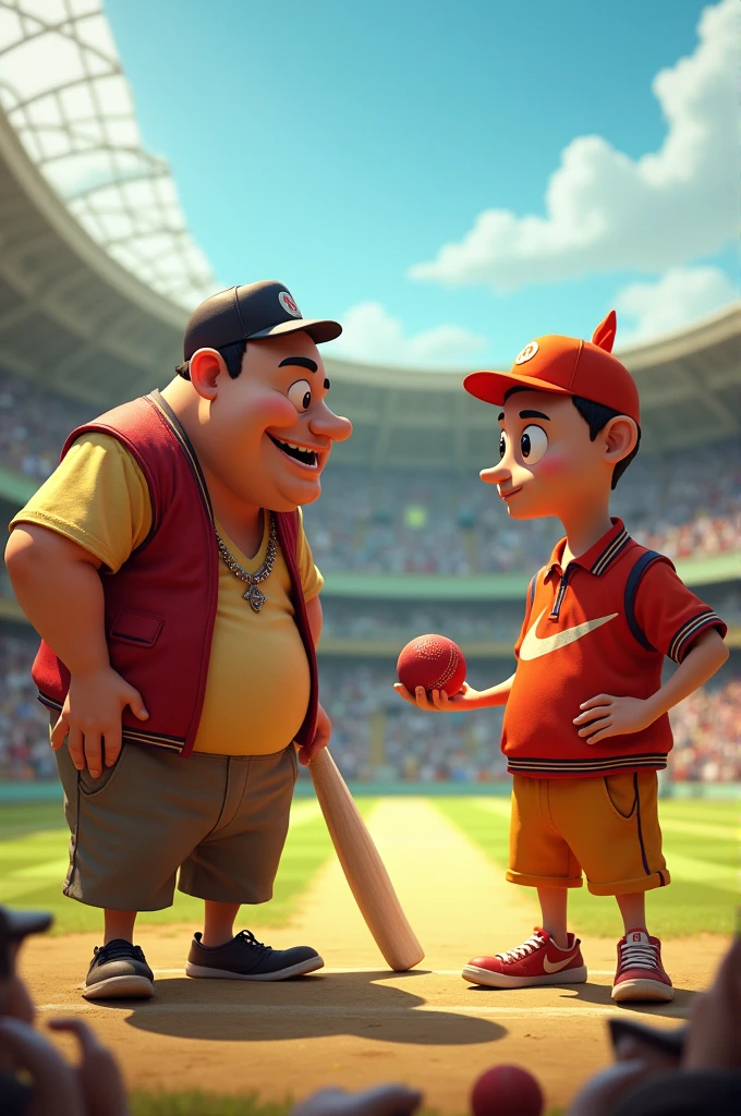 Motu and Patlu in a cricket stadium. Bat in Motu's hand and ball in Patlu's hand. Both look at each other angrily.