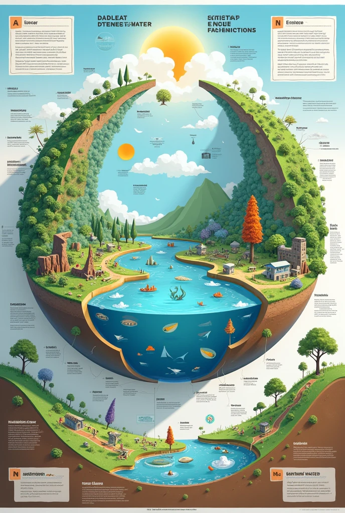 Create a 2D model containing nutrient cycle, water cycle and carbon cycle in a a way that i can hang the model in my room