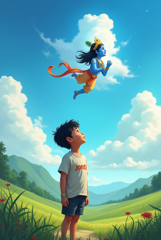 A boy with the name 'Jonty on his T-shirt is looking towards the sky where he sees Lord Krishna in cartoon