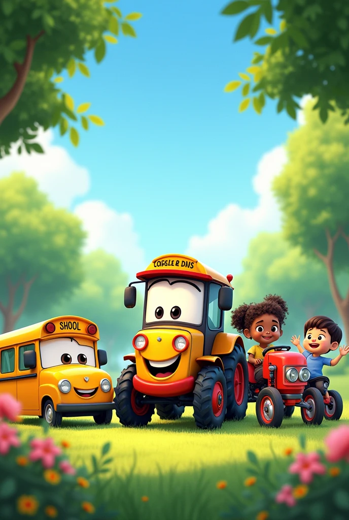 1 bus, 1 smiling car, 1 tractor, 1 bicycle, with smiling children, next to each other in the park.
