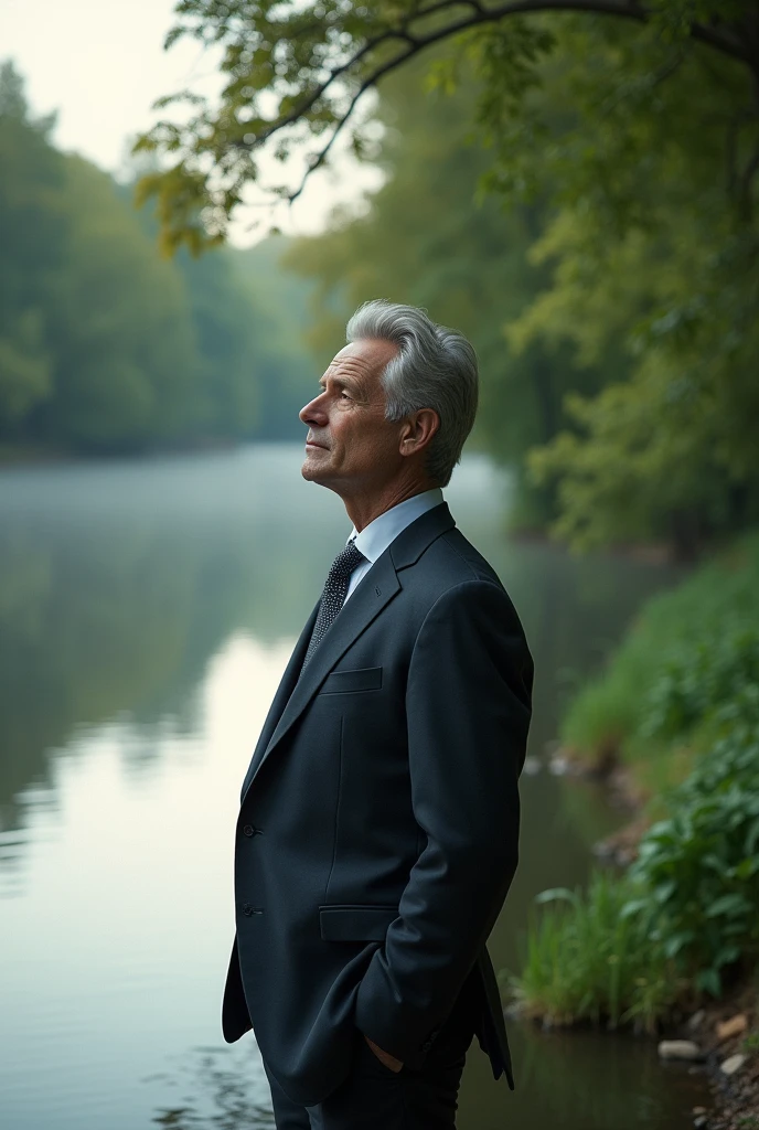 Generate an image for a book cover and add the title : on the river bank. that he is a very serious, professional and realistic romantic