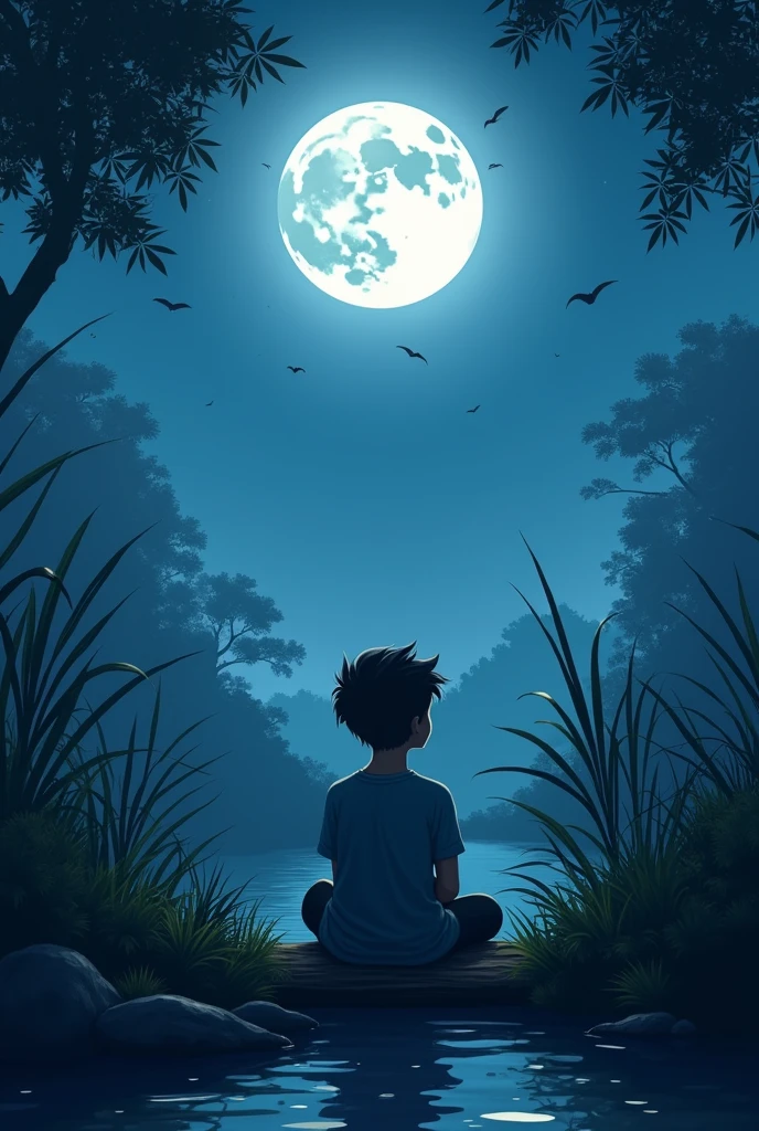 A teenager boy sitting alone in the nature in a moonlit night and looking at the moon