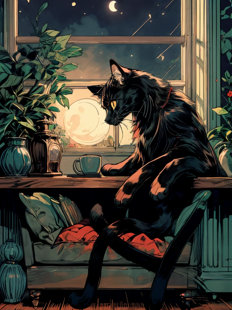 beni, solo, 1girl, yellow_pupils, black_hair, red_flower_hair_ornament, Contemplating, (((background home))), window, sleeping, table, large home side, small character, (((full body))), coffee, long hair, cozy house, black cat, moon, stars, lamp, tree, sofa, book, musical, Night,
