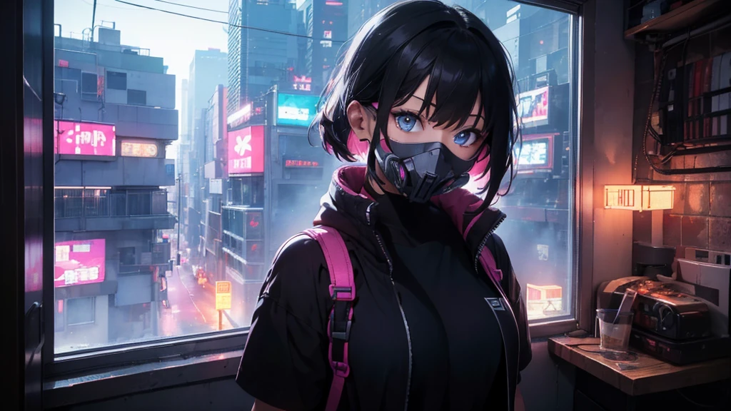 One person, alone, mask, Landscape,View your viewers,Looking out the window,cyber punkシティの夜,Relax in a modest bed,Edge of the screen,Short Hair,, whole body, Black Hair, mouth mask, Holding, blue eyes, Tank top, A large room for a single person with a large window on the front wall, , Halftone, cable,Neon Light,(cyber punk:1.2),