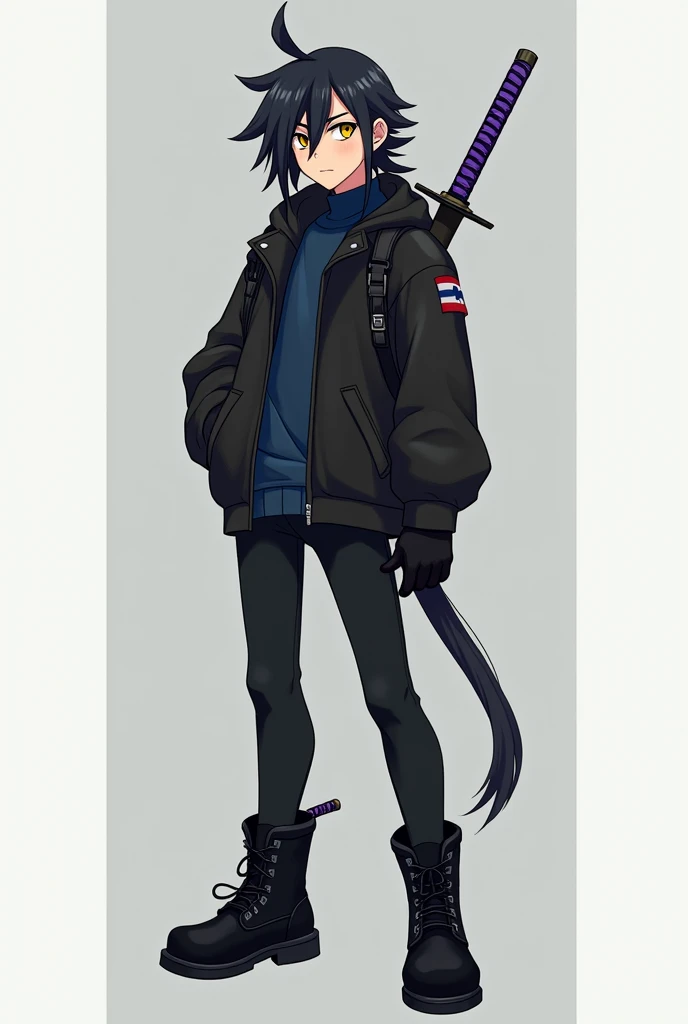 A male Sonic-style age character with long, short black hair, with hair covering a little on the right side of the eye and with a slightly large ponytail, with big yellow eyes, with thick black sweatshirt with dark blue turtleneck shirt, black pants and black men's boots, with black gloves, and with 1 purple sheathed Katana on the back.