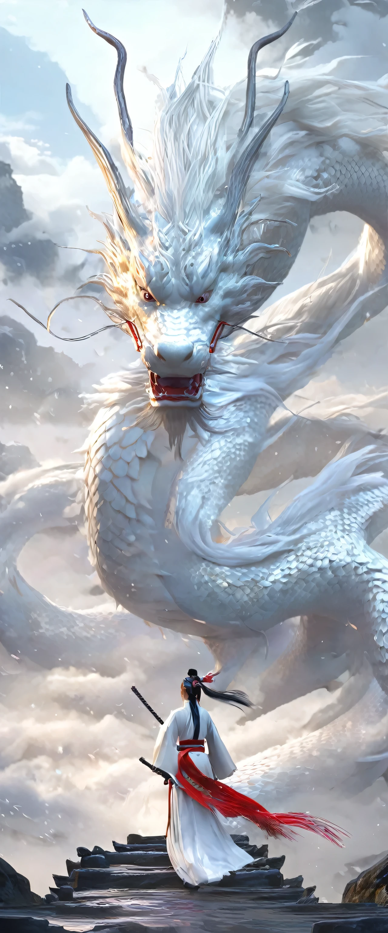 Dynamic Lighting, Art Station, poster, Volumetric Lighting, Very detailed faces, 4k wallpaper, Award-Won, 1 girl with white hair, Flowing long hair, Ponytail, Tassel Hair Accessories, Dynamic perspective, White Hanfu, white gauze flying, Red belt, Sexy, Traditional Chinese ink painting, Surrounded by Clouds and mist, mist, Riding the White Dragon Head, Touch the faucet, White Dragon Horn, Dynamic perspective, Movie Lighting,
