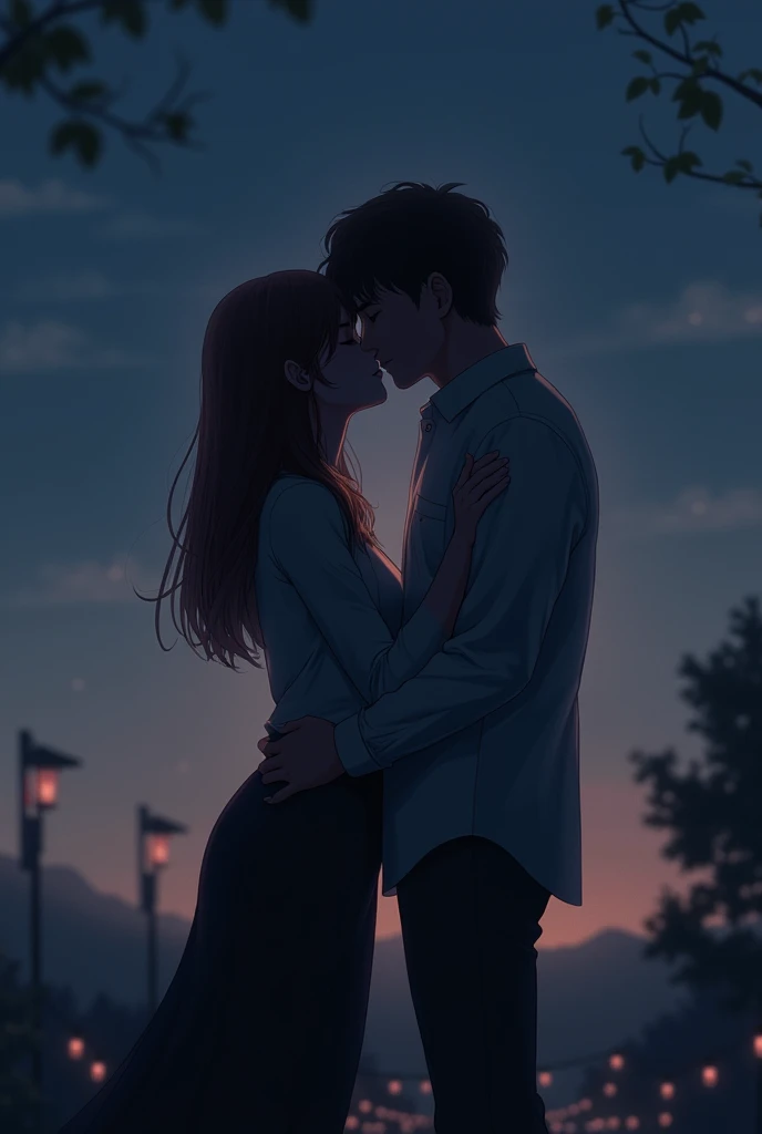 a couple kissing , male and female, brown hair, night time , hands in pocket