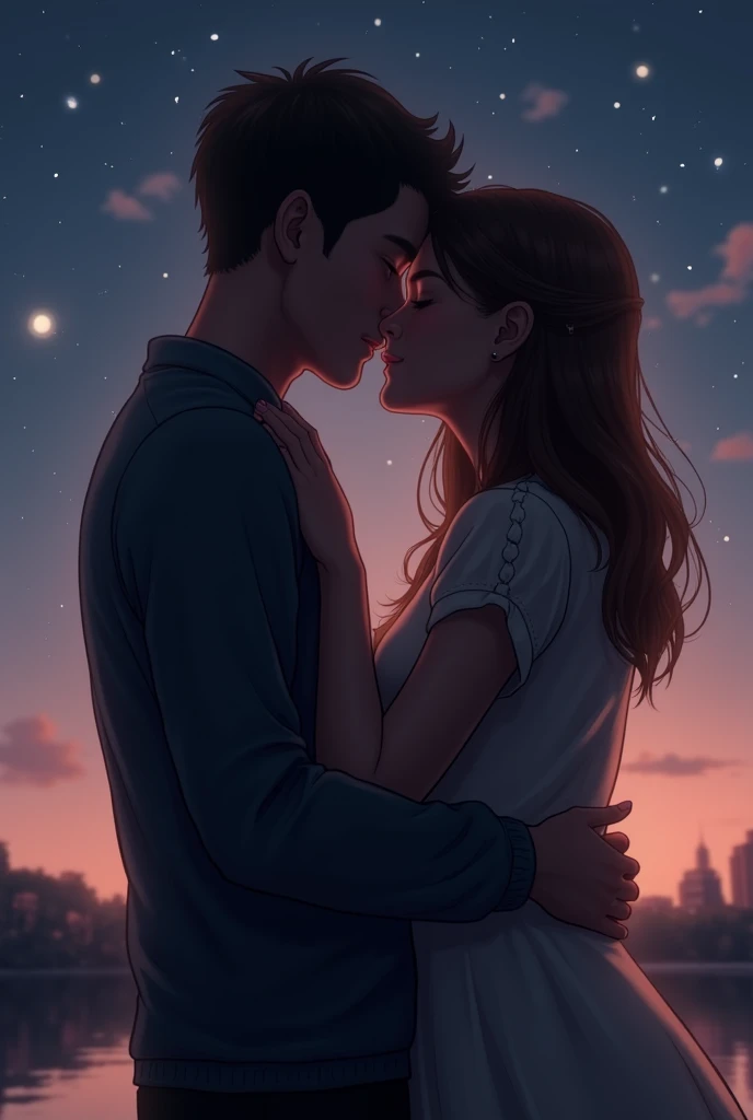 a couple kissing , male and female, brown hair, night time , hands in pocket