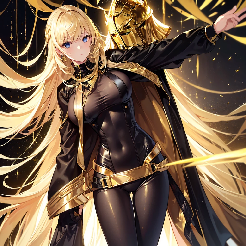 (Best Quality, hight resolution, Photorealistic: 1.37), Tall girl wearing Gemini gold cloth, Wear a black tight suit inside the fabric, Sexy figure in golden cloth, Gemini holding a gold cloth helmet in his hand, Golden armor shining with golden light, Girl's long golden hair
