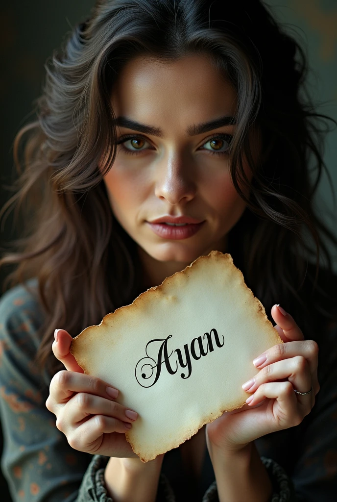 Take one picture from Google of leya kirsan (Turkish actress) and make a page on his hand and write on page ayan take a real pic of leya kirsan(Turkish actress) real pic don't make you take from Google and edit it 