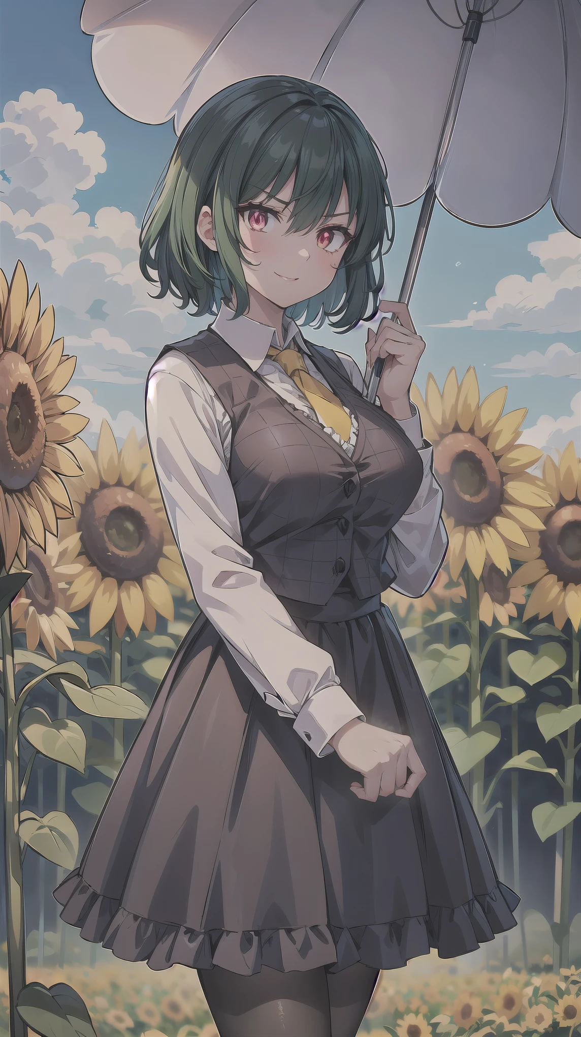 ((super high quality,Ultra-high resolution,16K,super masterpiece,Ultra HD ,Detailed shading,))One Woman,Wavy, shiny, bright emerald short hair,White dress shirt,Long sleeve,Yellow ruffled tie,Checkered red vest,Checkered red very long skirt,Black tights,Ruby glowing eyes,Very aggressive look,Sharp Eyes,Smiling lips,She is holding a frilly pink parasol in one hand and carrying it on her shoulder.,a blue sky with clouds and sun,Sunflower field,