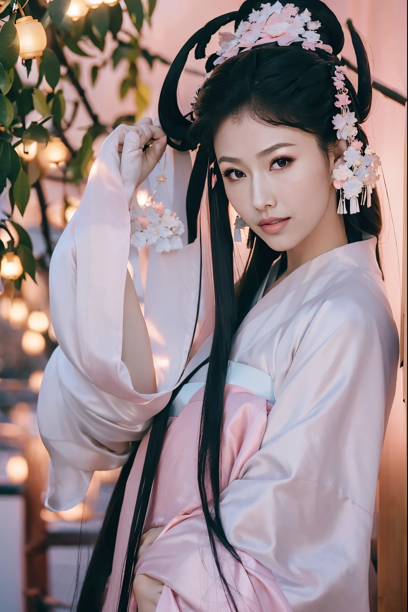 1 Fashion Model [[[[close up]]]], [[[[neck]]]], [[[[Shoulder]]]], (((Complete head)))，(((Complete hairstyle)))，Perfect eyes, Perfect Iris，Perfect lips，Perfect Teeth，Perfect skin，White skin，Soft headlights，High-density imaging，Black long hair，（Clean and delicate face），((Pink Hanfu))，((Half-length photo))，((night))，((Chinese Lanterns))，((Various dynamic poses))，((The background is the bedroom))，best quality，masterpiece，（Soft colors：1.2）