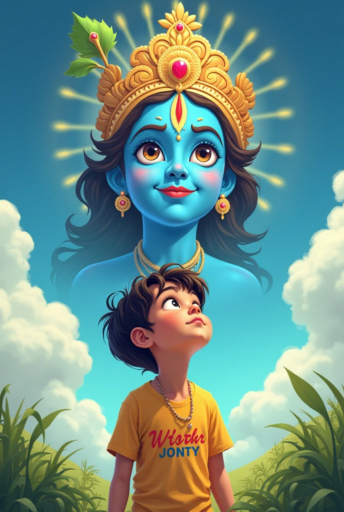 A boy with the name 'Jonty written on his T-shirt is looking towards the sky where he sees Lord Krishna in cartoon