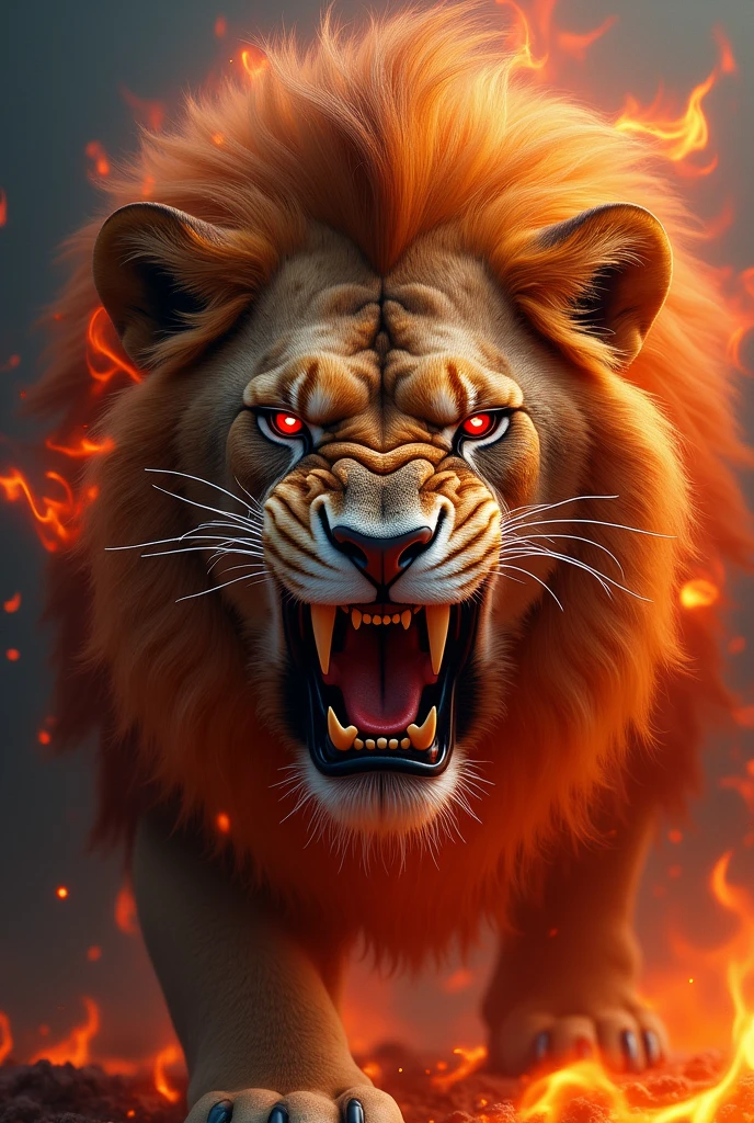 A lion with red angry eyes and lion in angry mode lion ka face seedha hona chahiye or lion ke chaaro or fire honi chahiye lion ka only face dikhna chahiye