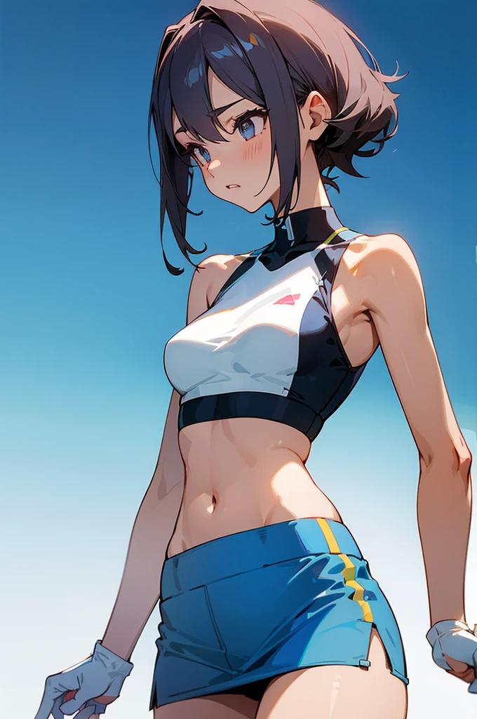 (high resolution illustration), [standing picture, upper body, close-up of girl:0.6], slim body, perfect body, mini skirt, sports bra, gradient background, anime character, (cute girl:1.1), sexy