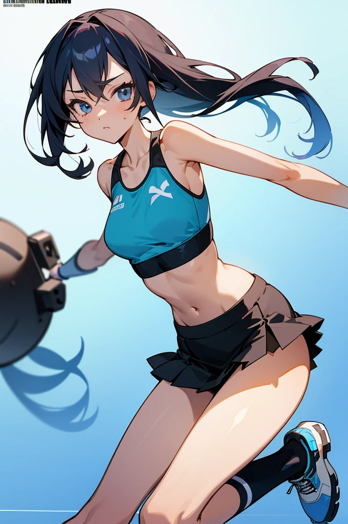(high resolution illustration), [standing picture, upper body, close-up of girl:0.6], slim body, perfect body, mini skirt, sports bra, gradient background, anime character, (cute girl:1.1), sexy