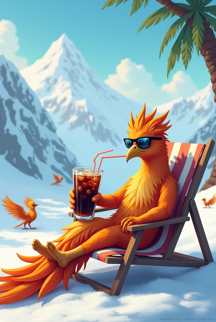 Snow scene, phoenix, on top of a snowy mountain, on vacation, wearing sunglasses, sleeping on a beach chair, holding a large glass, drinking cola with a straw, break, multiple phoenixes playing with snow in the background,