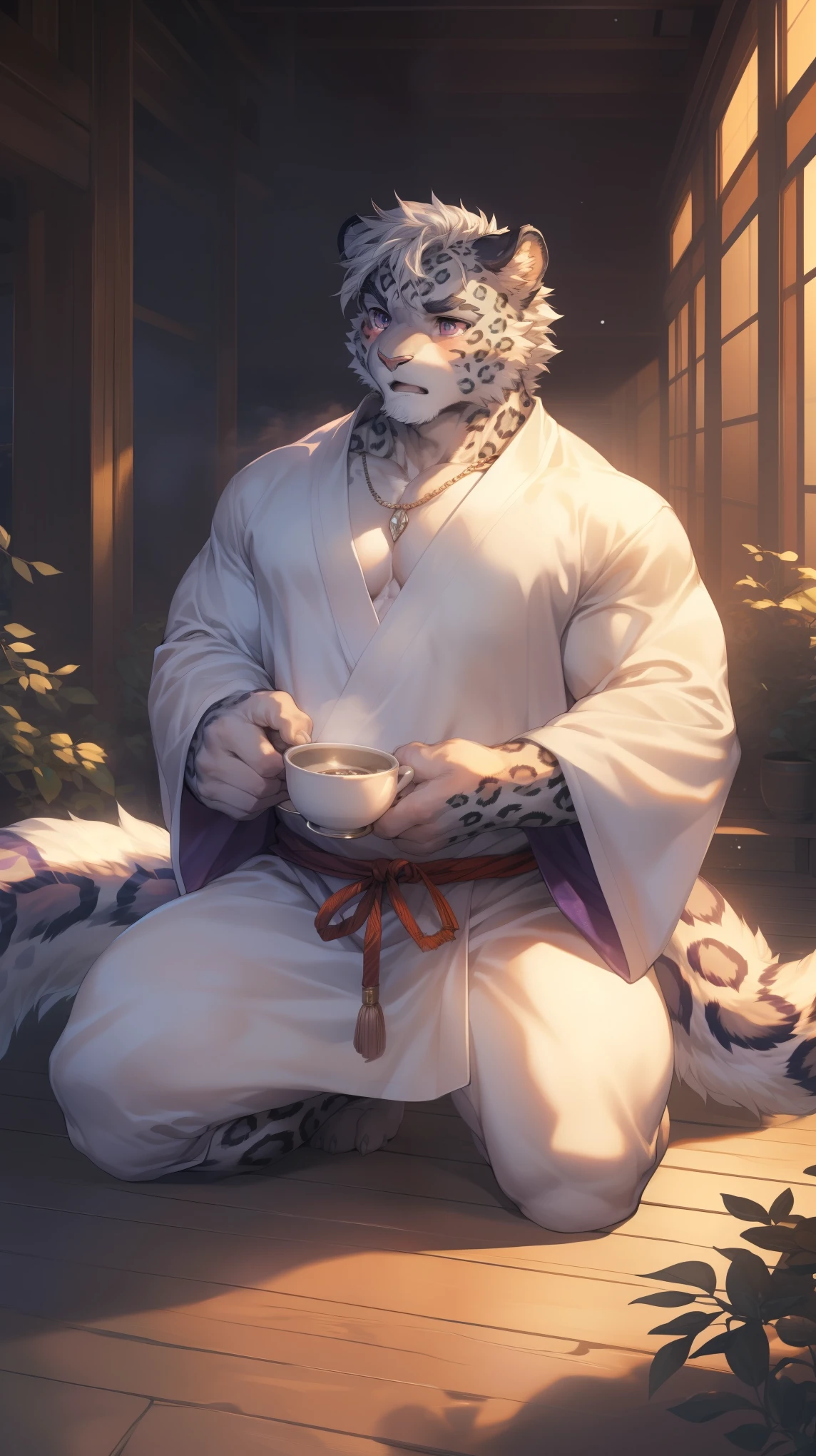 (By Empty Ghost, From thebigslick, By Dark Gem, Will chase), Keyuan Building (Onmyoji Daisenji Temple), High quality photos, Perfect anatomical structure, Anthropomorphic snow leopard, male, 30 years old, (snow leopard print), Thick eyebrows, short hair, Strong body, Fat, Pectoralis major, grayish purple spots, White Kimono, Pine tree pattern embellishment, Small bump, Pink milk clusters, Kneeling on the wooden floor of the courtyard, a cup of tea, Sad expression, Tears, blush, Purple pupils, Look up at the audience, Clear facial features, Strong, solitary, Bottom view, Full body portrait, early morning, Foggy atmosphere, In the classical garden, White pebbles can be seen everywhere, wild plants, (By Empty Ghost, From snow leopard20, masterpiece, high quality, high resolution, 8k)