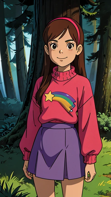 (1girl, mabel), (extremely detailed CG unit 8k wallpaper),(master part), (best quality), (ultra detail), (best illustration),(ghibli style), cowboy shot, (Sharp eyeliner, ombre, detail eyes:1), creepy woods, outdoors , break , (GHIBLI_Background), upper body, long hair,red sweater,brown hair,black eyes,pink hairband ,purple skirt,rainbow,star \(symbol\),smile,white socks,