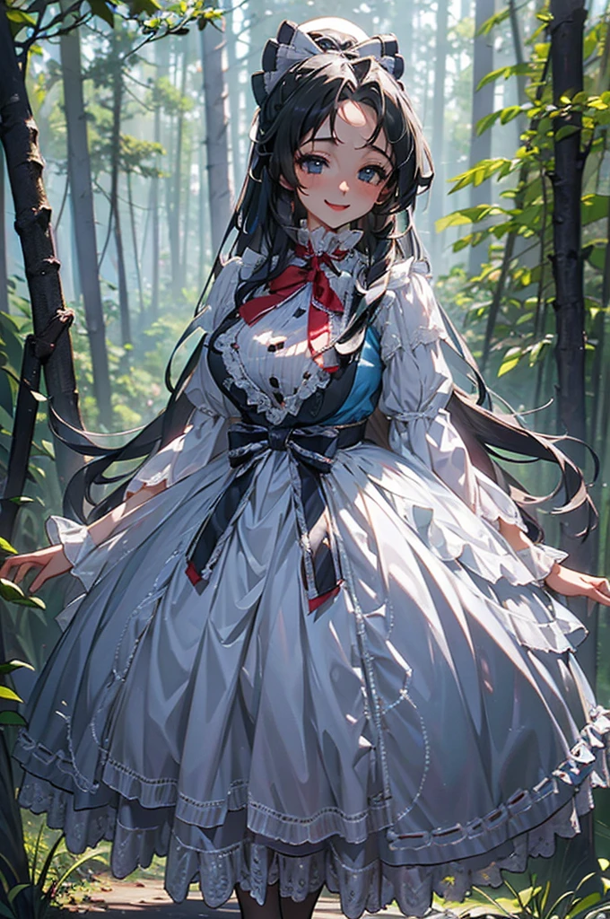 ((((High resolution, Intricate details, masterpiece, 8k, from front)))), (((beautiful, Frills, Hata, lace, Long skirt))), ((One Woman, smile, laughing, Red cheeks, dancing, Big Breasts, Large Breasts, Huge Saggy Tits)), (Black Hair, Beautiful forehead, Long Hair, ponytail, Big ribbon, Glowing Skin), from front, looking at viewer, look at viewer, in the forest, bright,