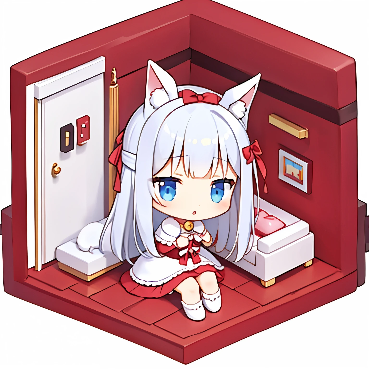 (in 8K, highest quality, masterpiece: 1.2), super high resolution,1 girl,(chibi:1.4),The girl is sitting on sofa, silver hair,(silver rabbit ears),highly detailed face, detailed eyes, parted lips, blue eyes, half closed eyes,jitome,crossed bangs,Medium hair,red lolita fashion,red Hair ribbon,rim light,cute,Bed, kitten,Fancy,children's room,white background