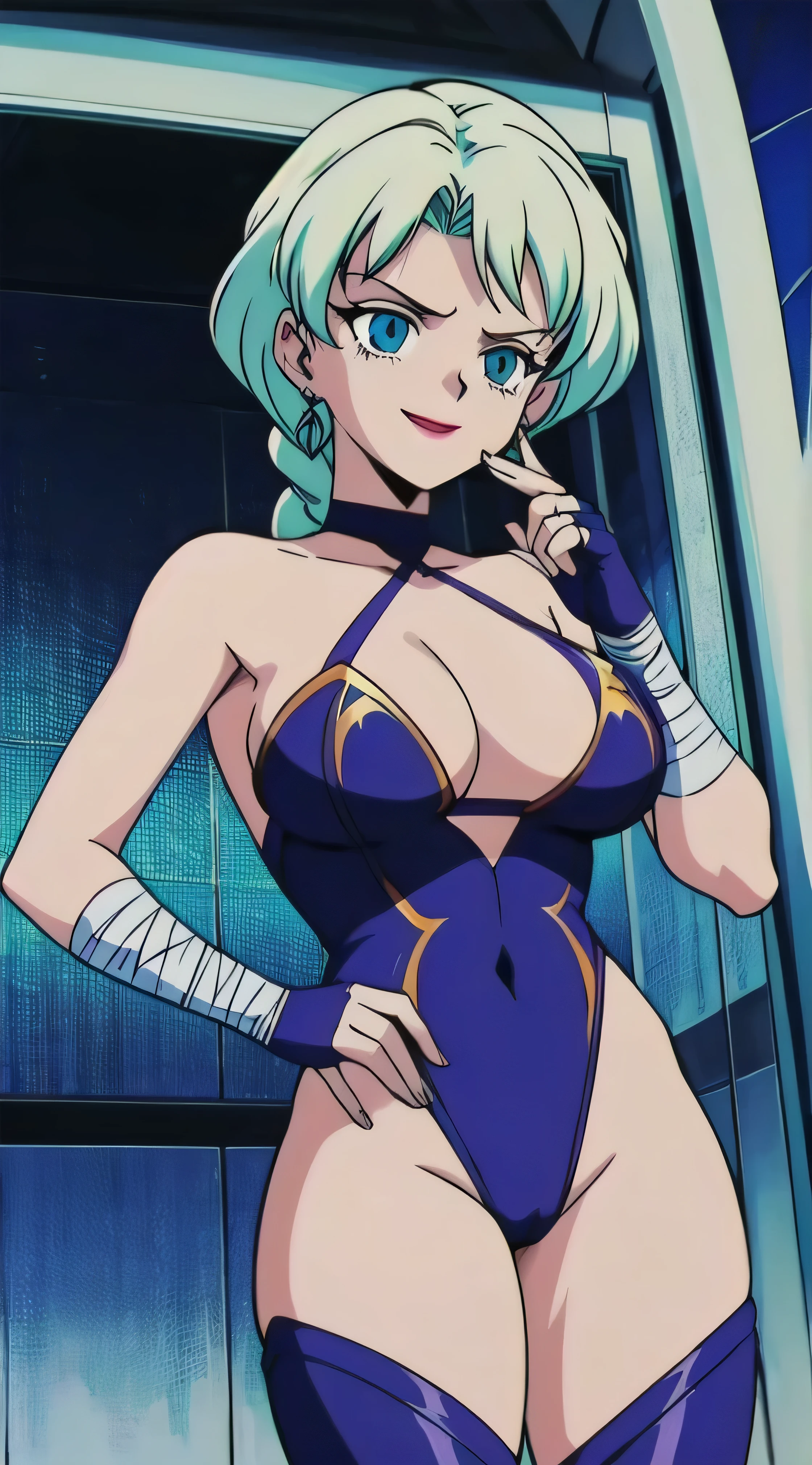 1girl, solo, facing viewer, looking down at viewer,,evil smile, BERTIE,,Highly detailed CG Unity 8K wallpaper, perfect lighting,official art,,(beautiful_face:1.5),(narrow_waist),,Highly detailed CG Unity 8K wallpaper, perfect lighting, anime screencap, retro artstyle, anime coloring, traditional media,most evil huge laugh,lipstick,sadistic smile,deep shaded face,singlebraid,smile worst,worst ridecule,most evil moukery,,onebraid,,two hands,five fingers,dark aura background,A face full of evil,most evil ridicule,lightblue bandage elbow fullgloves,thighhigh socs,horor, Violence, , The Empowerment of Evil, monster,Poison Possession,lightblue leotard,