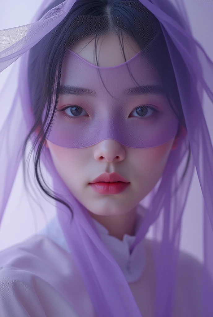 Chinese girl with yin yang semi realistic photo with purple transparent silk face mask but a little conservative and purple theme