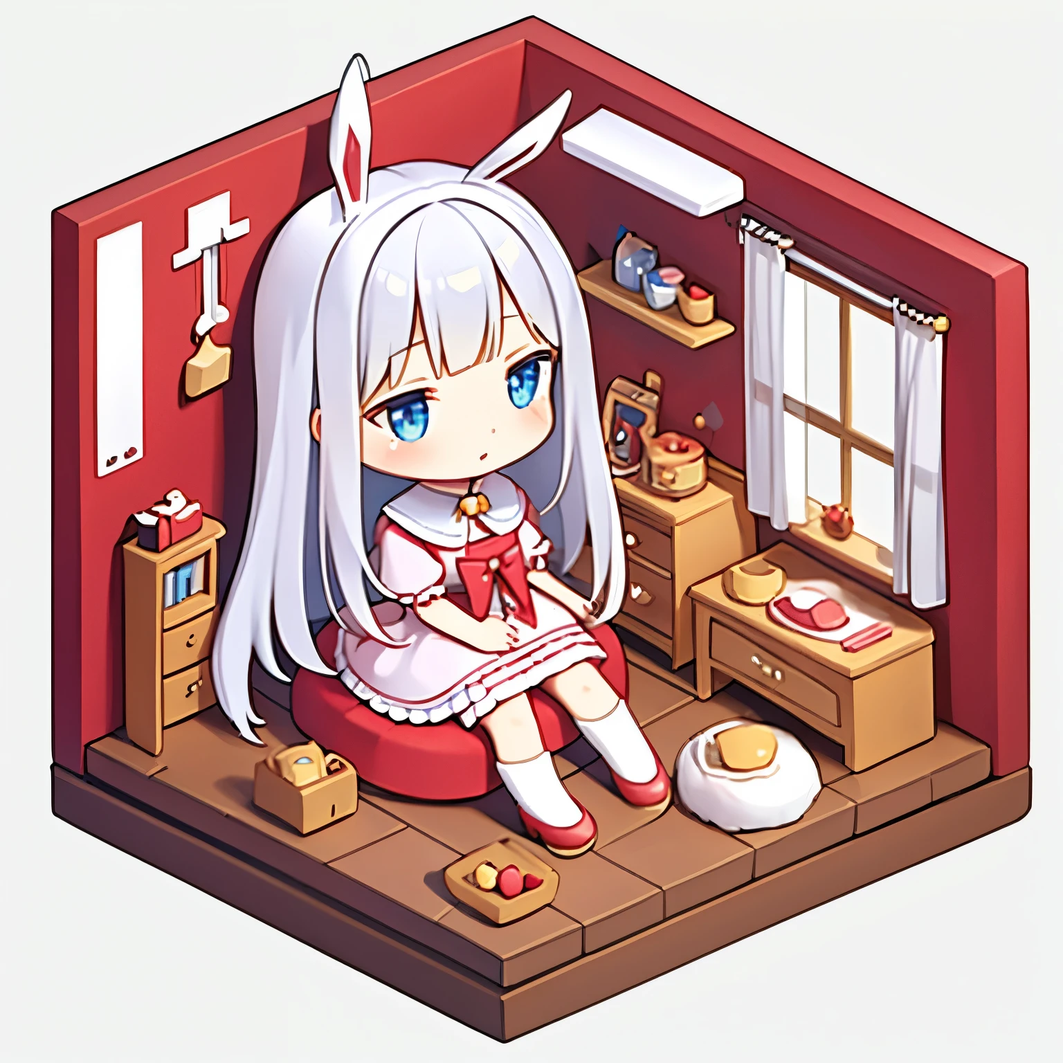 (in 8K, highest quality, masterpiece: 1.2), super high resolution,1 girl,(chibi:1.4),The girl is sitting on sofa, silver hair,(silver rabbit ears),highly detailed face, detailed eyes, parted lips, blue eyes, half closed eyes,jitome,crossed bangs,Medium hair,red lolita fashion,red Hair ribbon,mary jane,rim light,cute,Bed,kitchen,Fancy,children's room,white background