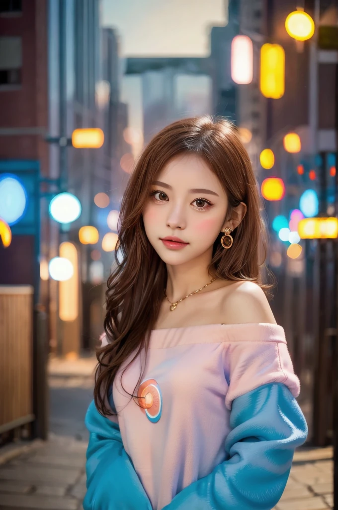One Girl, Simple Background, Gal, The background is a realistic illuminated cityscape., bokeh photography, (soft focus):1.2, out-of-focus highlights, dreamy ambiance, glowing circles, mesmerizing depth, Depth of written boundary