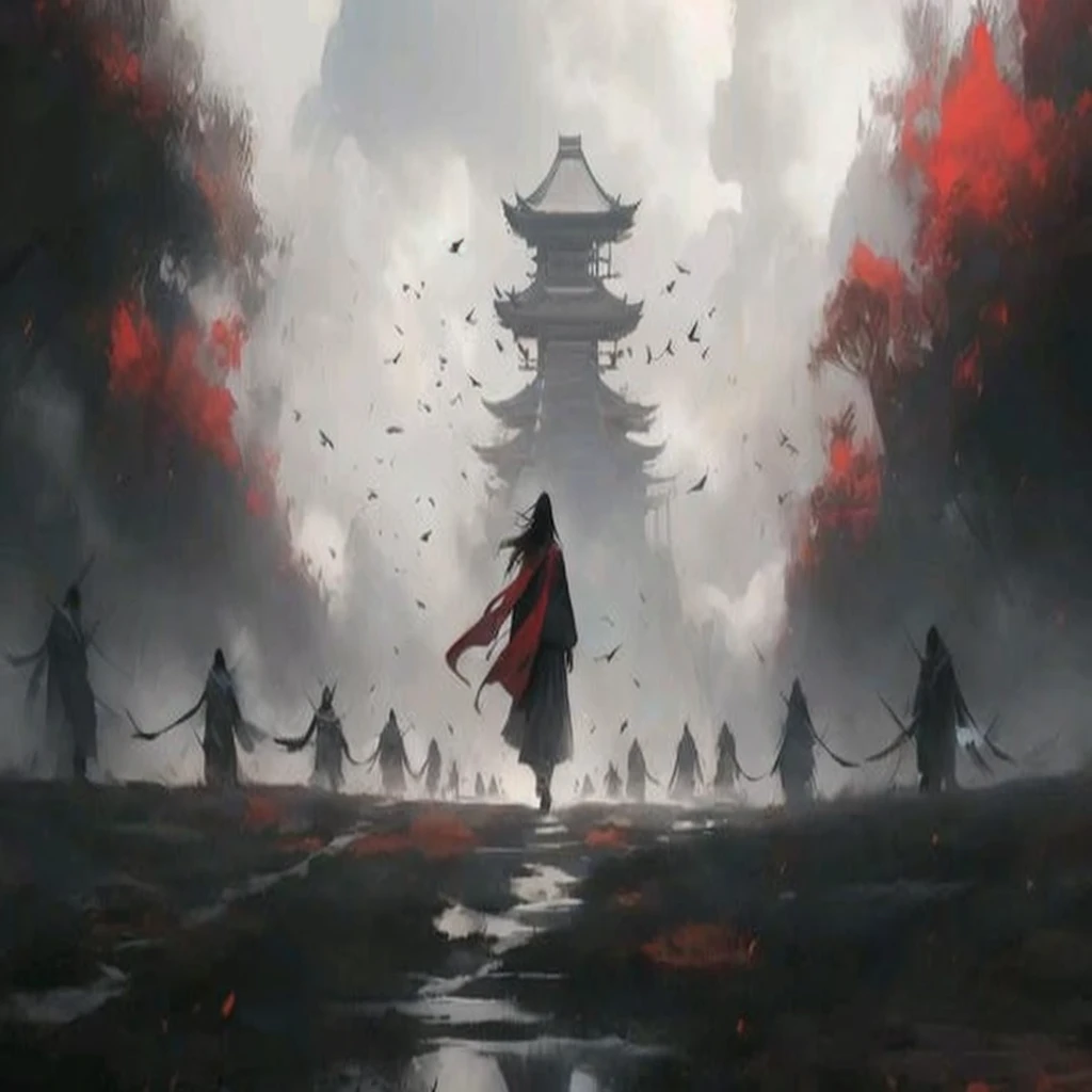 a painting of a person walking in a field with a red cloak, by Yang J, by Li Song, by Qu Leilei, andreas rocha style, by Song Xu, anime epic artwork, by Huang Shen, ross tran. scenic background, traditional japanese concept art, by Fan Qi, by Victor Wang, feudal japan art, inspired by Fenghua Zhong