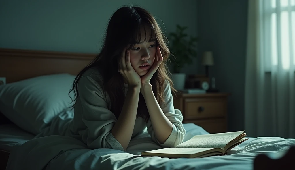 A Japanese cute girl named Ai, with a skeleton wave-like physique, studying in her room, POV, Backlight Flare, f/1.4, 85mm, Sony, Wavy Hair, UHD, retina, masterpiece, accurate, anatomically correct, textured skin, super detail, high details, high quality, best quality, highres, 1080P, HD, 4K school uniform, 8K evening gown